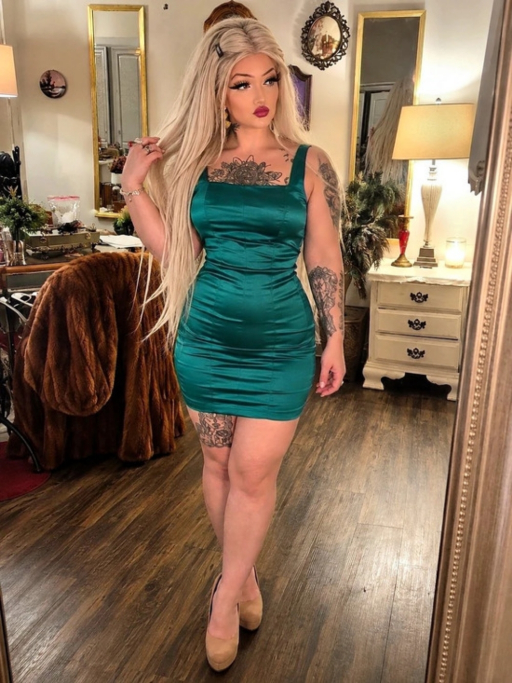House of Harlow 1960 Emerald Teal Satin Ruched Bodycon Mini Dress Size M